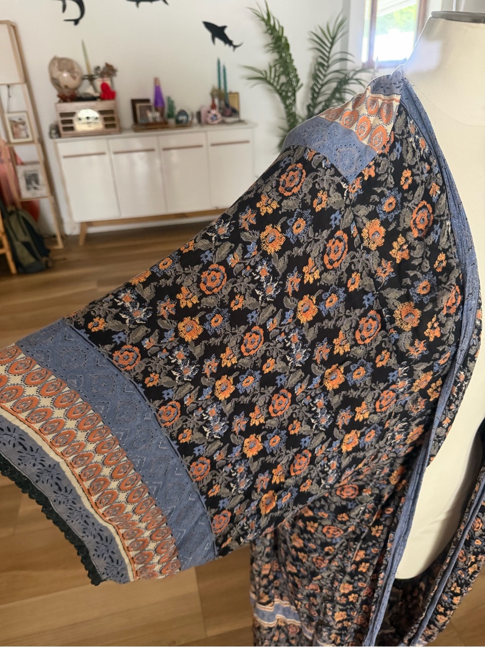 Angie Multicolor Paisley boho duster cardigan  with Navy and Orange Accents - Picture 2 of 5